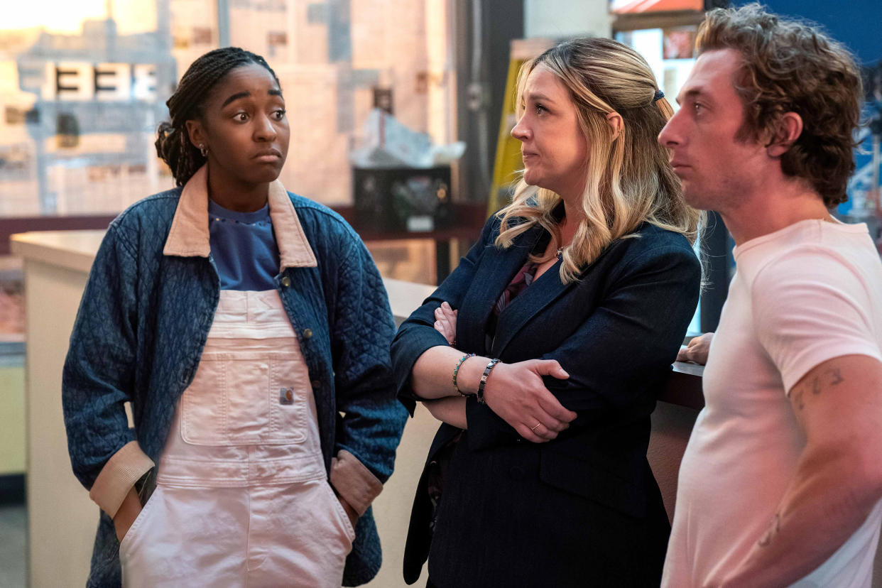 Jeremy Allen White as Carmen “Carmy” Berzatto, Abby Elliott as Natalie “Sugar” Berzatto and Ayo Edebiri as Sydney Adamu in Season Two of 