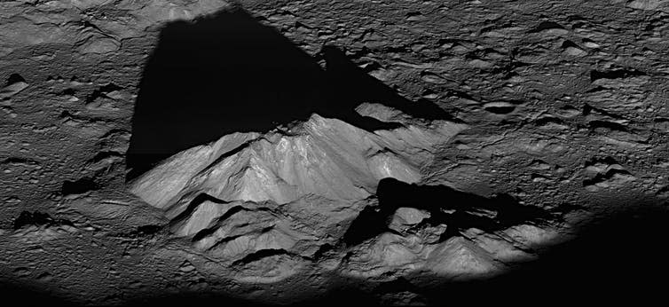 <span class="caption">Mountain peak in Tycho crater on the Moon could be a future mining prospect.</span> <span class="attribution"><span class="source">NASA Goddard/Arizona State University</span></span>