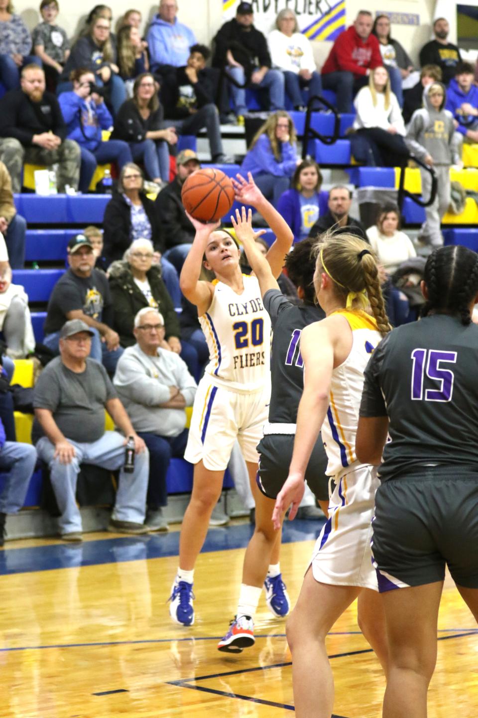 Clyde's Lexi Carlson eyes the basket.