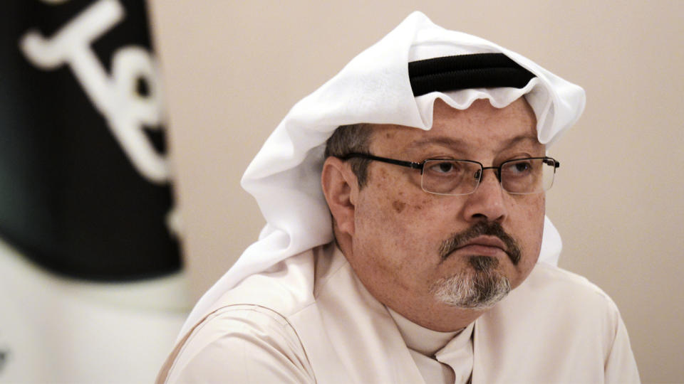 A general manager of Alarab TV, Jamal Khashoggi, looks on during a press conference in the Bahraini capital Manama, on December 15, 2014. (Mohammed Al-Shaikh/AFP via Getty Images)