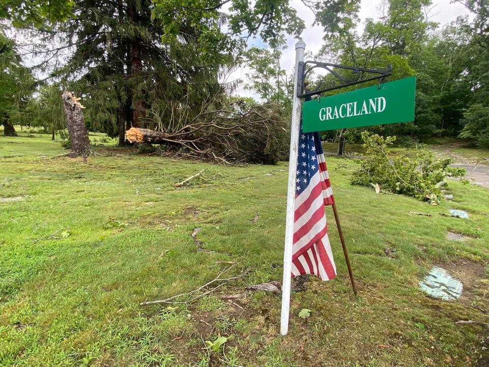 The 'Graceland' section of the Highland Memorial Park Cemetery in Johnston, Rhode Island was damaged by a suspected tornado on Aug. 18, 2023.