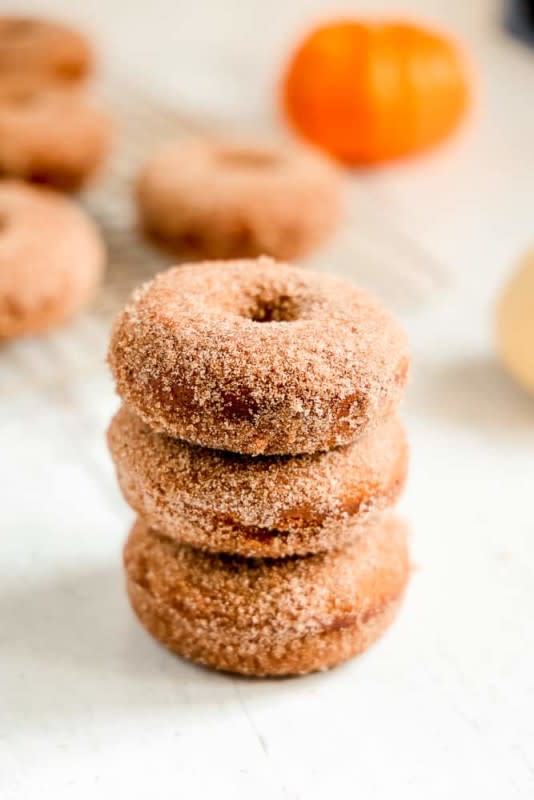 <p>Girl With the Iron Cast</p><p>These baked pumpkin spice donuts coated in cinnamon sugar, are so fluffy and moist. Baking donuts will make you not miss the fried version! This easy pumpkin spice donut recipe is perfect to make all fall long.</p><p><strong>Get the recipe: <em><a href="https://girlwiththeironcast.com/pumpkin-spice-donuts/" rel="nofollow noopener" target="_blank" data-ylk="slk:Pumpkin Spice Donuts;elm:context_link;itc:0;sec:content-canvas" class="link rapid-noclick-resp">Pumpkin Spice Donuts</a></em></strong></p>
