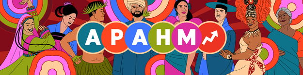 Illustration of diverse people in traditional clothing celebrating Asian Pacific American Heritage Month (APAHM)