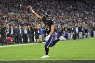 FILE - Baltimore Ravens tight end Mark Andrews (89) scores on the two-point conversion during the second half of an NFL football game against the Indianapolis Colts, on Oct. 11, 2021, in Baltimore. Andrews was named to The Associated Press 2021 NFL All-Pro Team, announced Friday, Jan. 14, 2022.(AP Photo/Nick Wass, File)