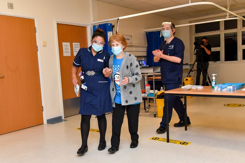 Margaret Keenan, 90, is the first patient in Britain to receive the Pfizer/BioNtech COVID-19 vaccine at University Hospital in Coventry