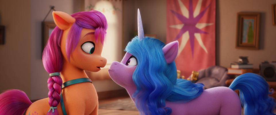 Earth pony Sunny (voiced by Vanessa Hudgens, left) has her world rocked when she meets unicorn Izzy (Kimiko Glenn) in the animated movie "My Little Pony: A New Generation."