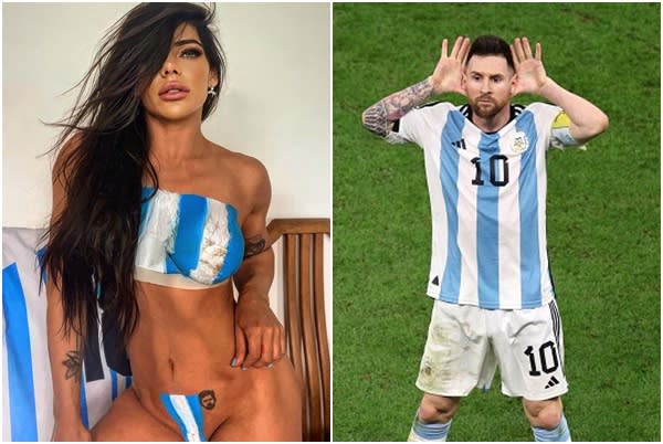 電臀冠軍女模科爾特絲(Suzy Cortez)在身上作畫慶祝阿根廷勝利，但好像什麼不對了。合成照片