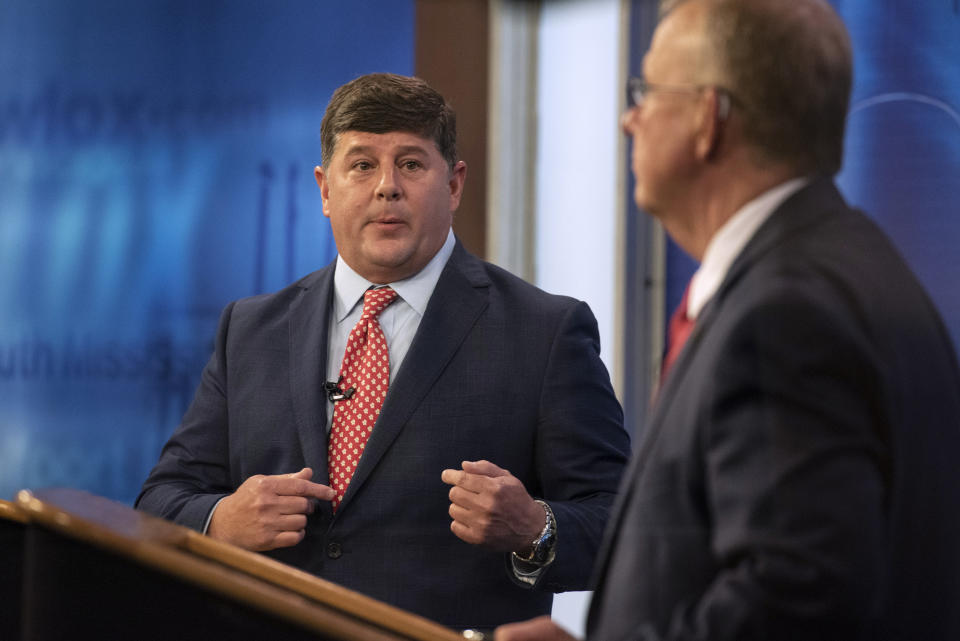 FILE - Rep. Steven Palazzo, left, R-Miss., speaks during a debate with Jackson County Sheriff Mike Ezell at WLOX-TV on Friday, June 24, 2022, in Biloxi, Miss. The two are in a runoff for the Republican nomination in the 4th Congressional District. (Hannah Ruhoff/The Sun Herald via AP, File)