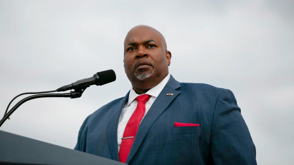 PHOTO: Lt. Gov. Mark Robinson speaks before a rally for former U.S. President Donald Trump at The Farm at 95 on April 9, 2022 in Selma, N.C.  (Allison Joyce/Getty Images, FILE)