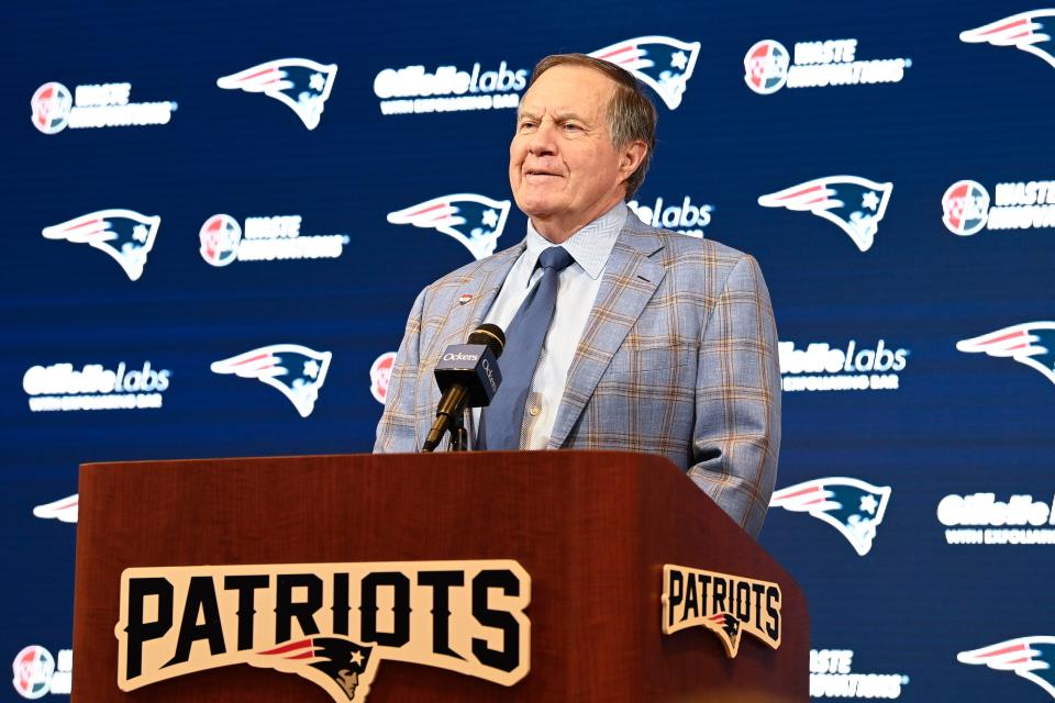 New England Patriots head coach Bill Belichick holds a press conference at Gillette Stadium to announce his exit from the team on Thursday.