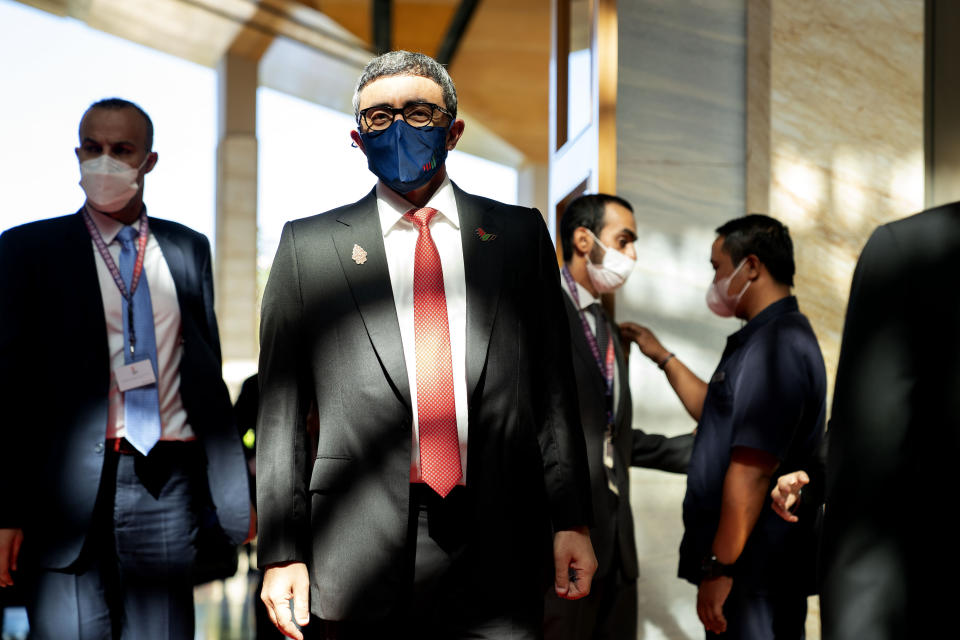 United Arab Emirates' Foreign Minister Sheikh Abdullah bin Zayed Al Nahyan, center, attends the G20 Foreign Ministers' Meeting in Nusa Dua on the Indonesian resort island of Bali Friday, July 8, 2022. (Stefani Reynolds/Pool Photo via AP)