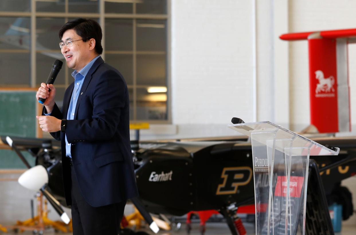 Purdue University President Mung Chiang speaks at the Purdue aviation media day, Friday, April 12, 2024, at Purdue University Airport in West Lafayette, Ind.