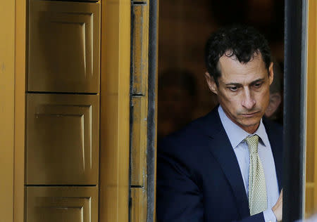 Former U.S. Congressman Anthony Weiner departs U.S. Federal Court, following his sentencing after pleading guilty to one count of sending obscene messages to a minor, ending an investigation into a "sexting" scandal that played a role in last year's U.S. presidential election, in New York, U.S. September 25, 2017. REUTERS/Lucas Jackson/Files