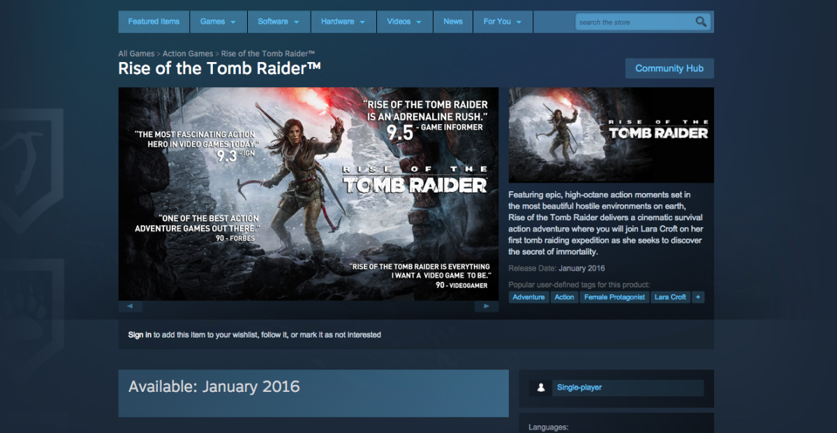 Rise of the Tomb Raider, Software