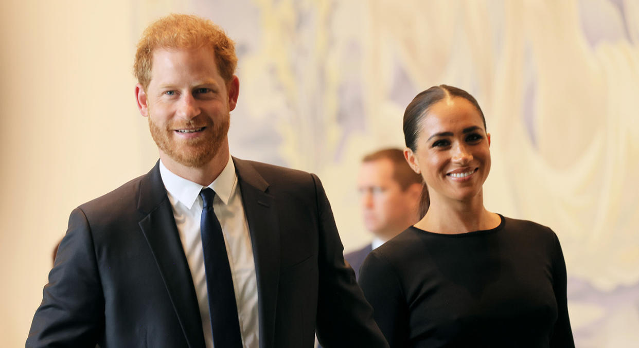 Meghan Markle joined her husband Prince Harry at the UN General Assembly on Monday, where he made the keynote speech to mark Nelson Mandela International Day. (Getty Images)