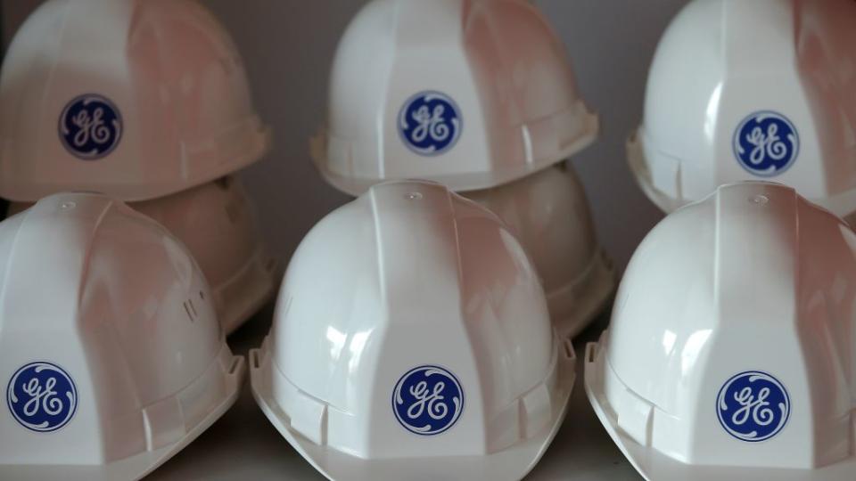General Electric logo is pictured on working helmets