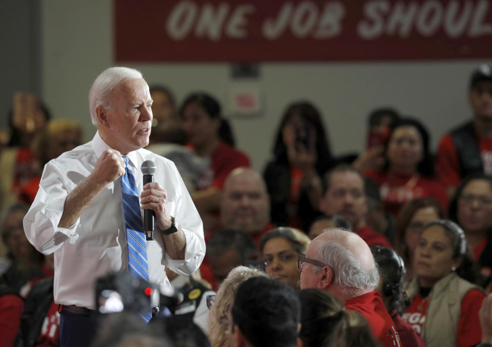 Democratic presidential candidate and former Vice President Joe Biden speaks during town hall meeting at the Culinary Union, Local 226, headquarters in Las Vegas Wednesday, Dec. 11, 2019. (Steve Marcus/Las Vegas Sun via AP)