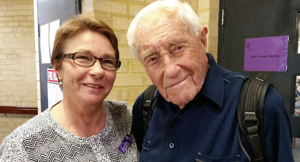 Dr David Goodall (right), 104, will travel to Switzerland with Carol O’Neil (left) next month. Source: GoFundMe