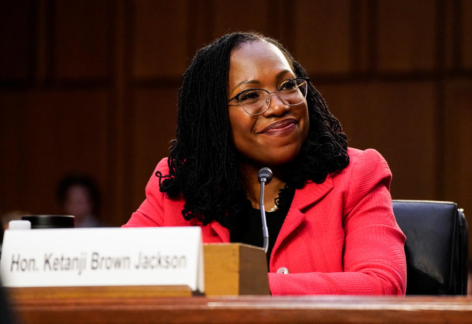 Judge Ketanji Brown Jackson listens to questions from Senator Ted Cruz