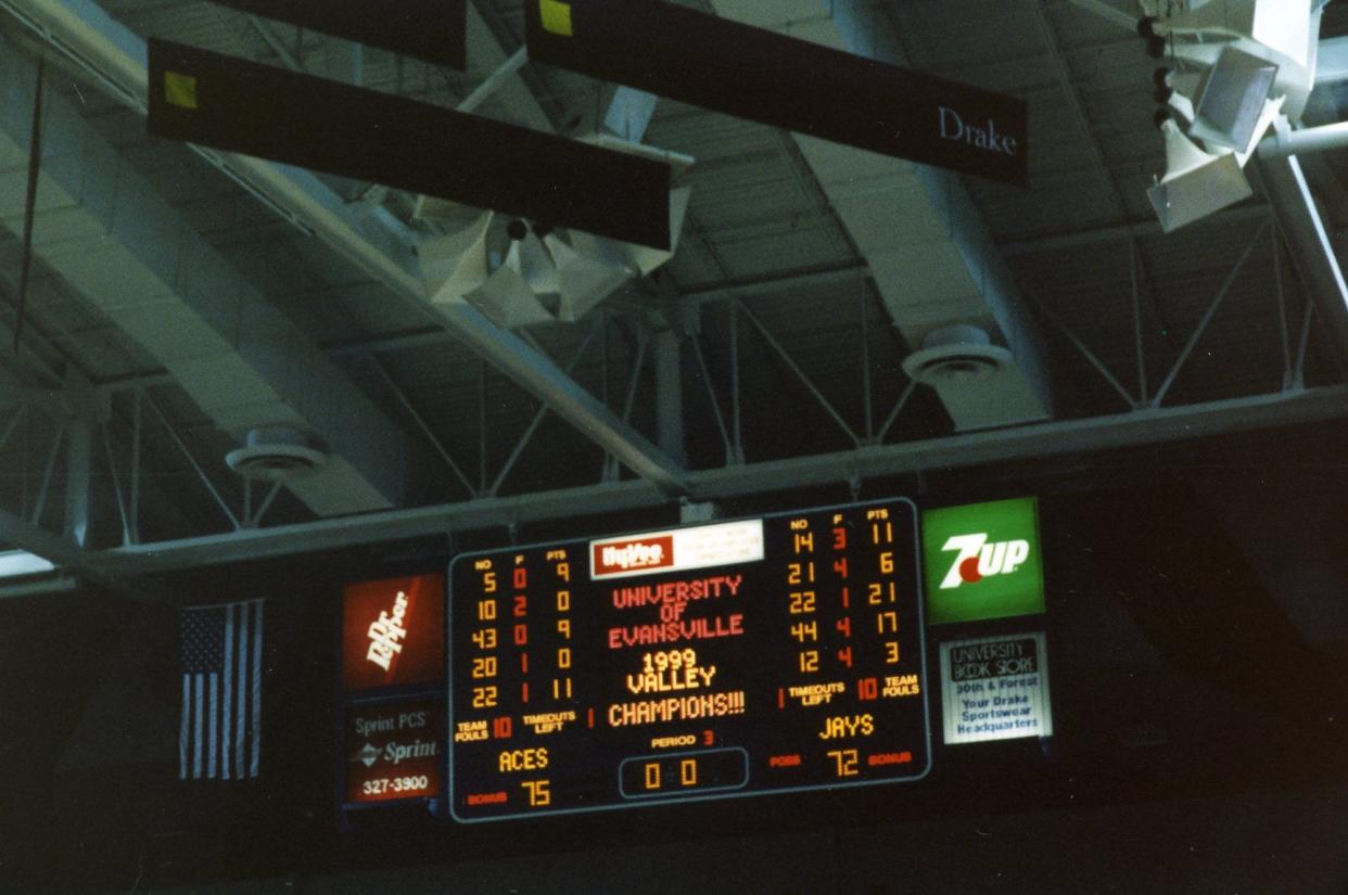 Scoreboard photo from Evansville's 1999 MVC regular-season championship trophy.