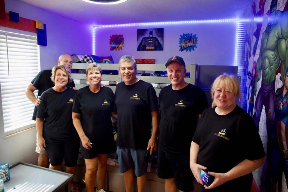 The Special Spaces volunteer crew in Michael Huber’s newly designed bedroom in August 2022. From left: Jeff Hensley, Amy Hensley, Rebecca Bristow, Tom Bristow, Barry Silver, Michelle Eimers.