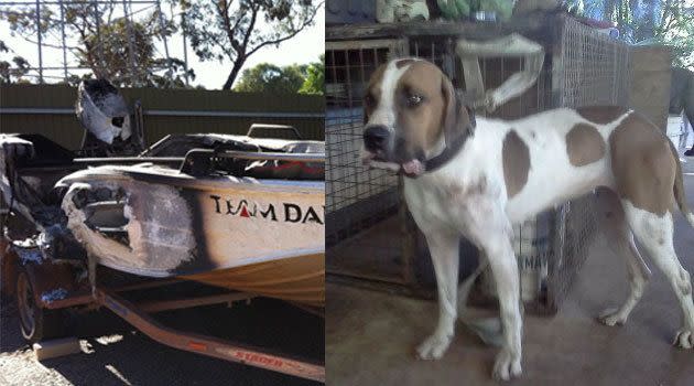 Left; the burnt out boat and trailer Jason Richards was believed to be towing, and right; a picture of Jason's dog.