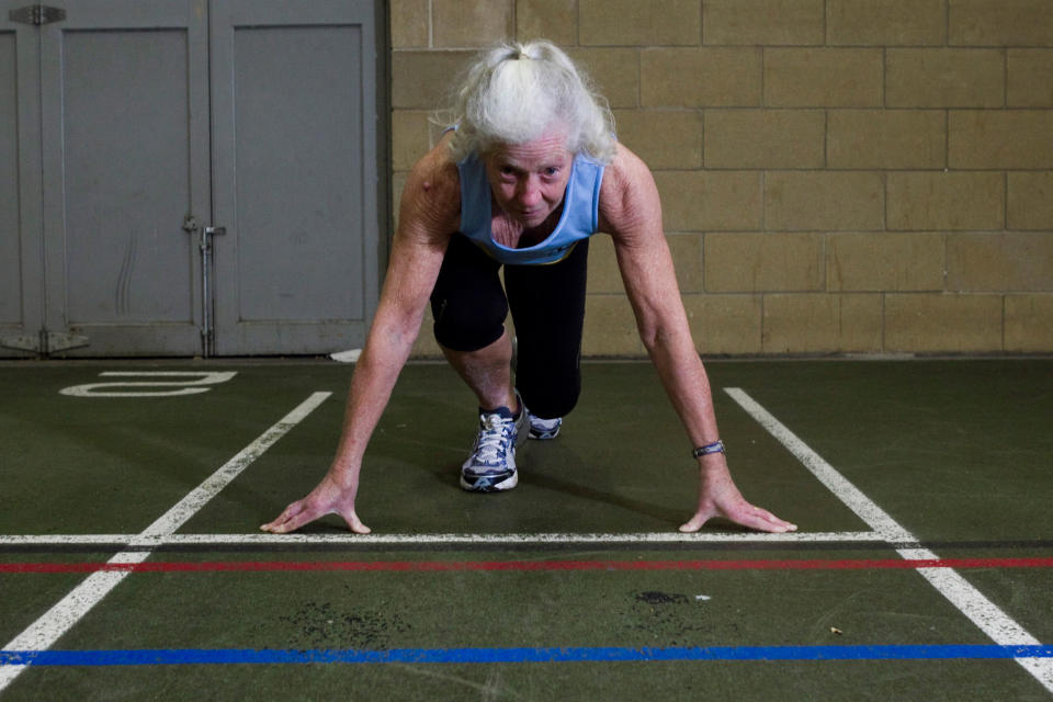 Dorothy McLennan, a former bank clerk is 77 years-old and a gold medal winner in the heptathlon. The sprightly athlete spends three days a week training for her next challenge - the 100m sprint at the British Masters Championships at the end of February (Caters)