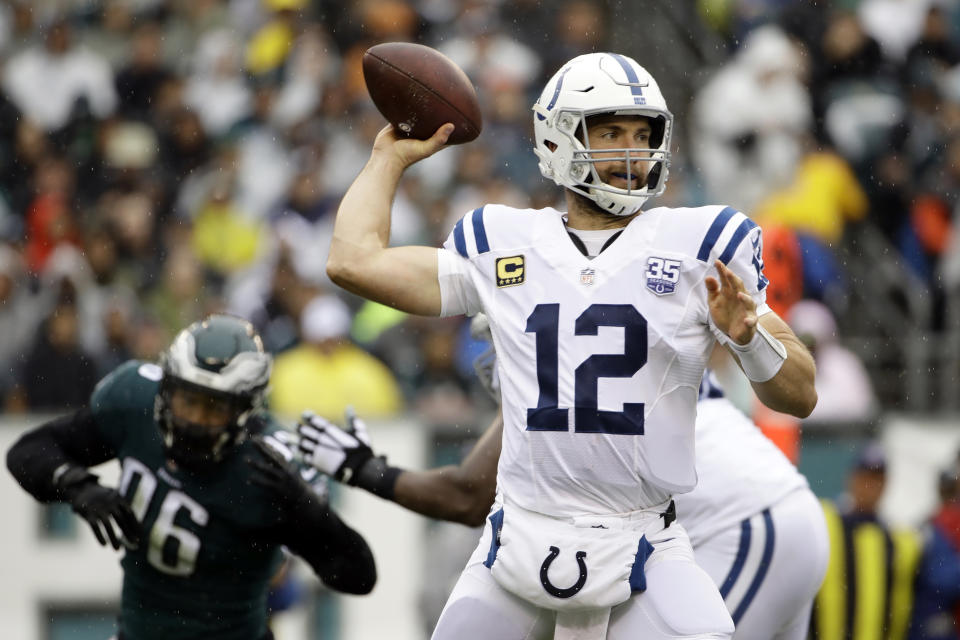 Indianapolis Colts' Andrew Luck passes during the first half of an NFL football game against the Philadelphia Eagles, Sunday, Sept. 23, 2018, in Philadelphia. (AP Photo/Matt Rourke)