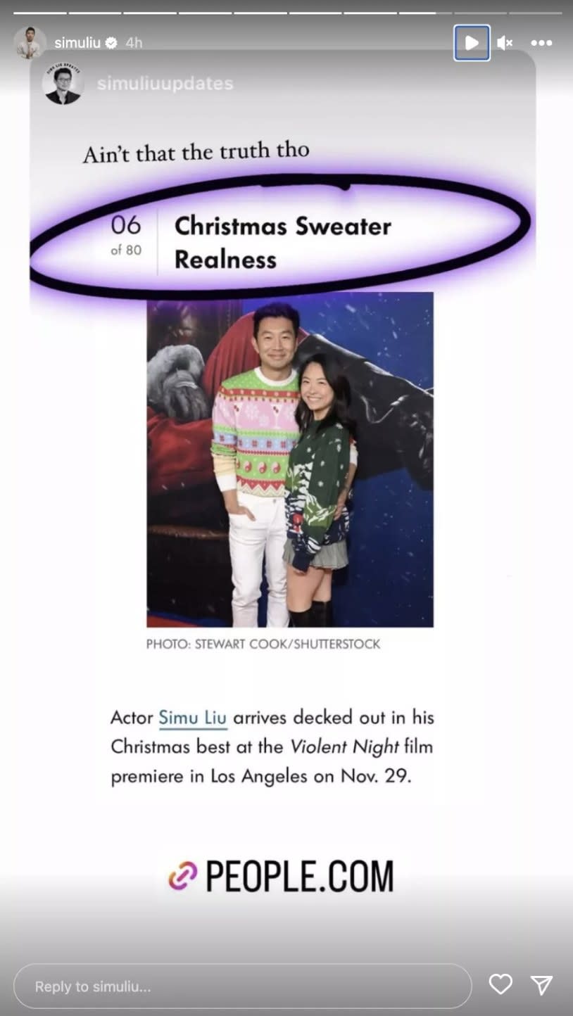 A screenshot of Simu's Insta story that features an article with photo of the couple with the caption "Christmas Sweater Realness"