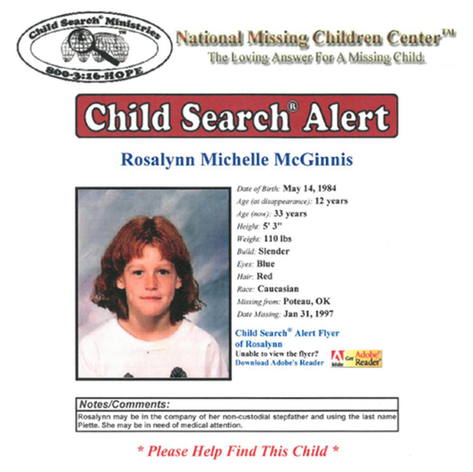 Oklahoma schoolgirl Rosalynn McGinnis went missing in 1997 at 12 years old. Pictured is her missing persons poster.