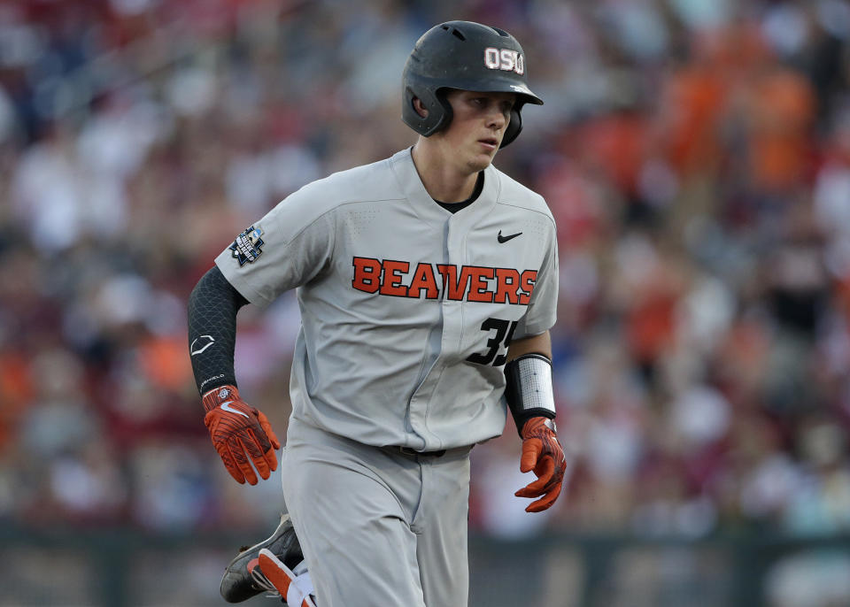 Oregon State's Adley Rutschman was given the Barry Bonds treatment Friday, earning a rare bases loaded intentional walk. (AP Photo/Nati Harnik)