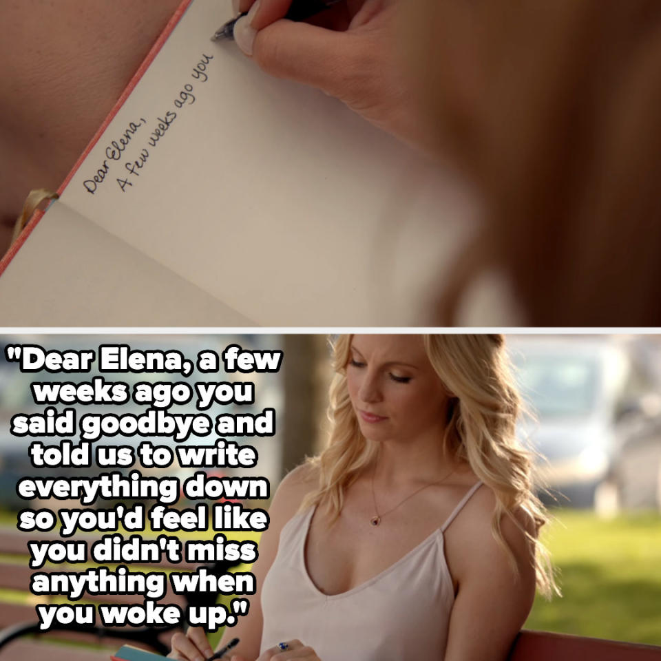 Caroline writing in a diary