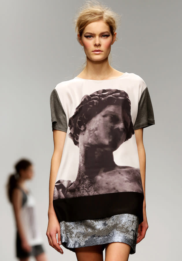 <b>London Fashion Week AW13: Zoe Jordan</b><br><br>A model shows off a bold statue print on a loose tee with contrasting sleeves at the Zoe Jordan show.<br><br>©Rex