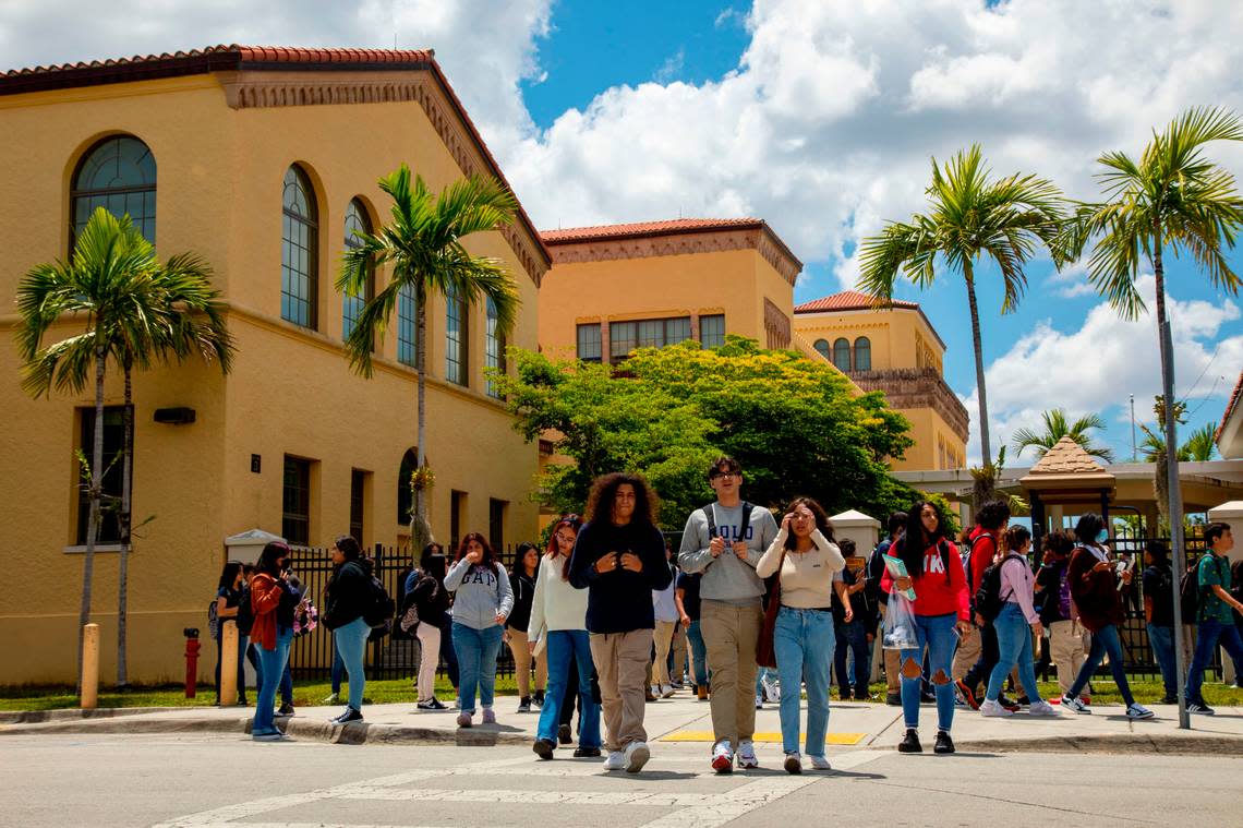 Students leave campus after the first day of school at Miami Senior High in Miami, Florida, on Wednesday, Aug. 17, 2022.