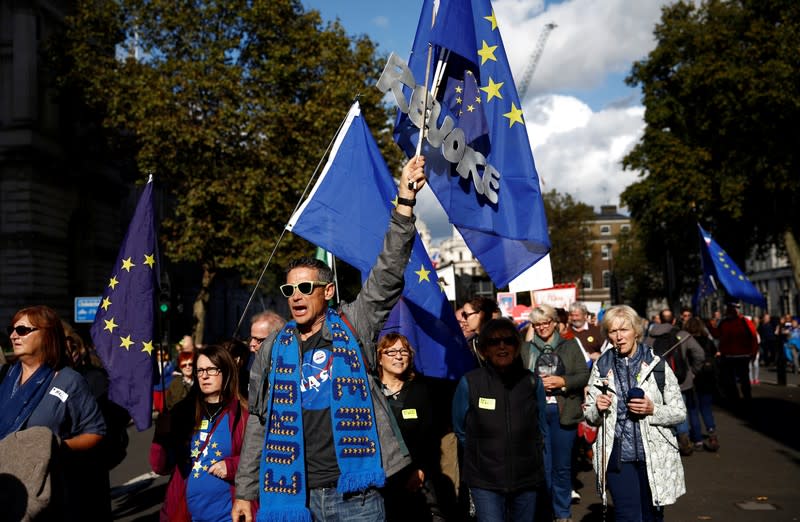 EU supporters march as parliament sits on a Saturday for the first time since the 1982 Falklands War, to discuss Brexit in London