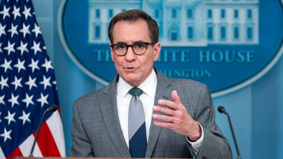 PHOTO: National Security Communications Adviser John Kirby speaks during the daily briefing in the Brady Briefing Room of the White House, April 15, 2024.  (Andrew Caballero-Reynolds/AFP via Getty Images)