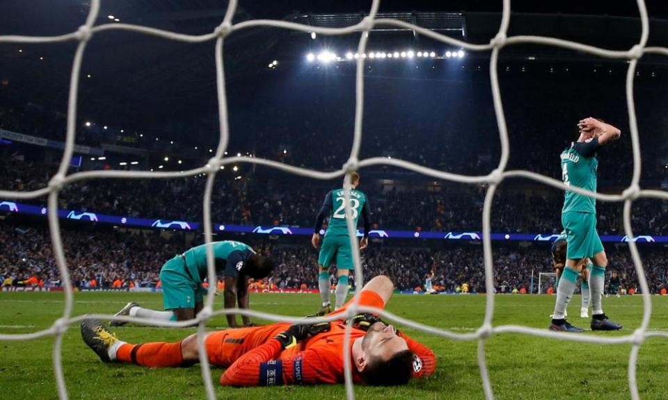 Manchester City v Tottenham Hotspur - Etihad Stadium, Manchester, April 2019. Tottenham’s Hugo Lloris and team mates react after conceding a goal scored by Manchester City that is later disallowed by VAR