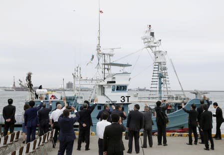 A whaling ship which is set to join the resumption of commercial whaling leave as people send off it at a port in Kushiro, Hokkaido Prefecture, Japan
