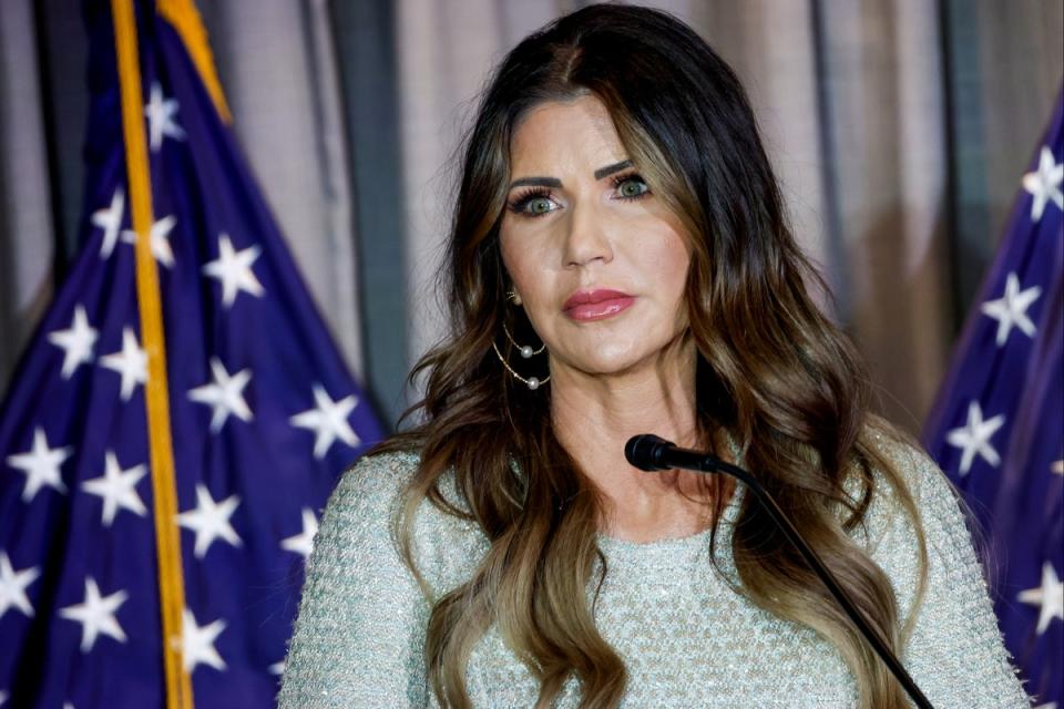 South Dakota Governor Kristi Noem speaks at the Calvin Coolidge Foundation conference at the Library of Congress on 17 February 2023. Noem has come under fire for revelations that she shot and killed a dog two decades ago (Getty Images)