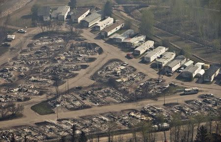 An area devastated by a wildfire is seen in an aerial view in Fort McMurray, Alberta, Canada, May 13, 2016. REUTERS/Jason Franson/Pool