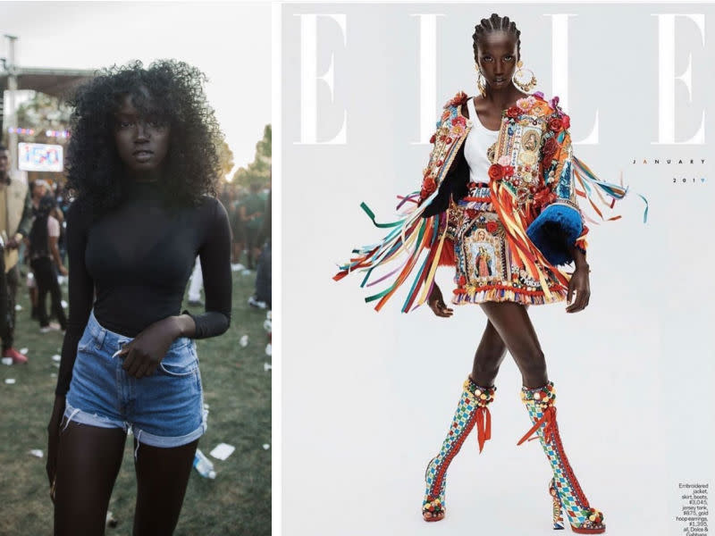 Anok Yai, who was discovered in a viral Instagram photo, is now featured on the cover of Elle. (Photo: Twitter)