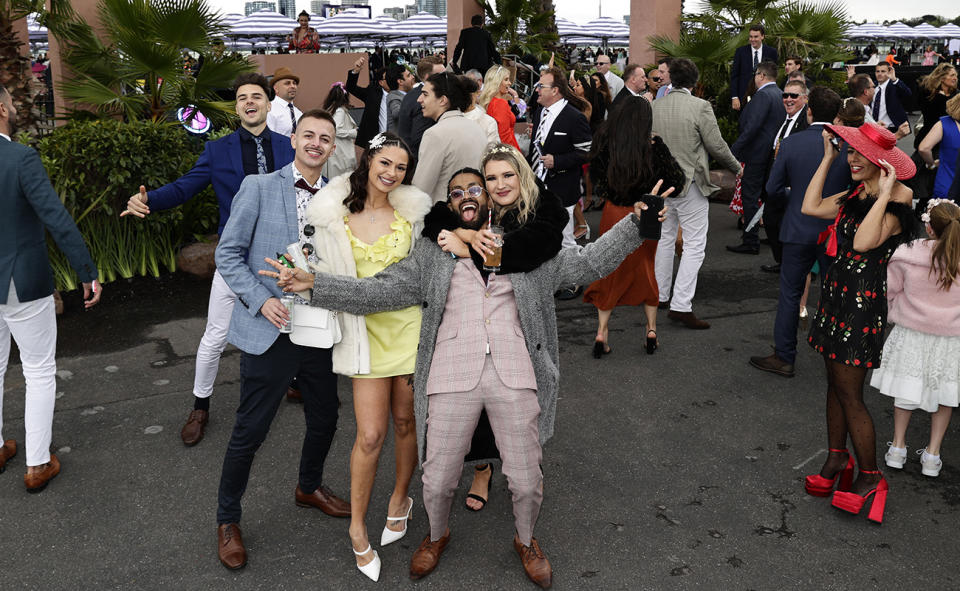 Racegoers, pictured here celebrating after the Melbourne Cup in the birdcage.