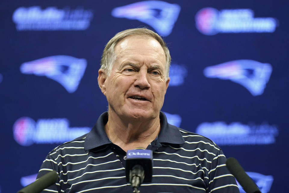 New England Patriots head coach Bill Belichick faces reporters during a news conference before an NFL football practice, Wednesday, Sept. 6, 2023, in Foxborough, Mass. (AP Photo/Steven Senne)