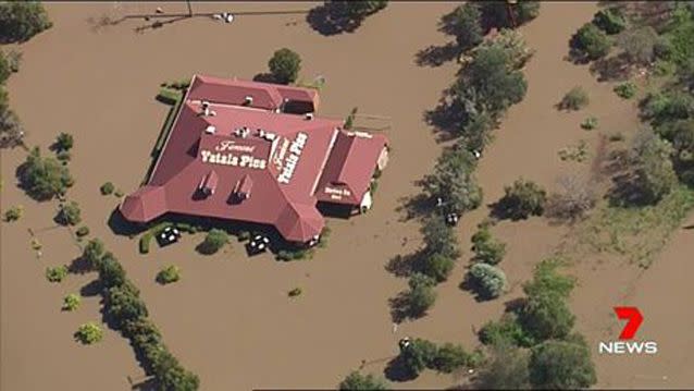 The famous Yatala Pies near Beenleigh surrounded by floodwaters. Picture: 7 News