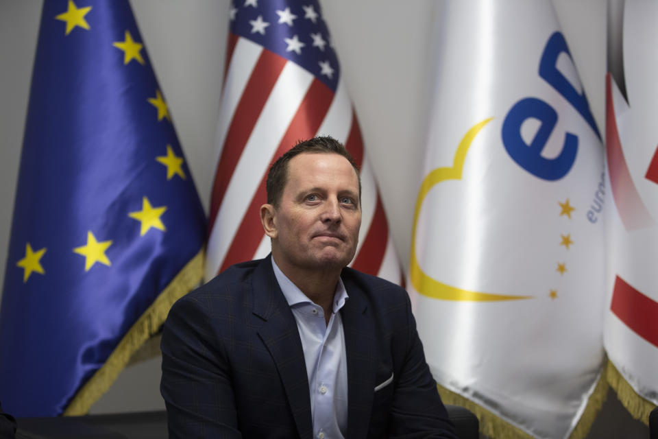 U.S. ambassador to Germany Richard Grenell meets with Isa Mustafa leader of LDK in Kosovo's capital Pristina on Thursday, Jan. 23, 2020. U.S. President Donald Trump's special envoy for talks between Balkan rivals Serbia and Kosovo on Thursday called on Pristina newly-expected government leaders to lift the 100% tariff on Serb goods and services in order to let the dialogue between the two countries to reach a final reconciliation agreement proceed. (AP Photo/Visar Kryeziu)