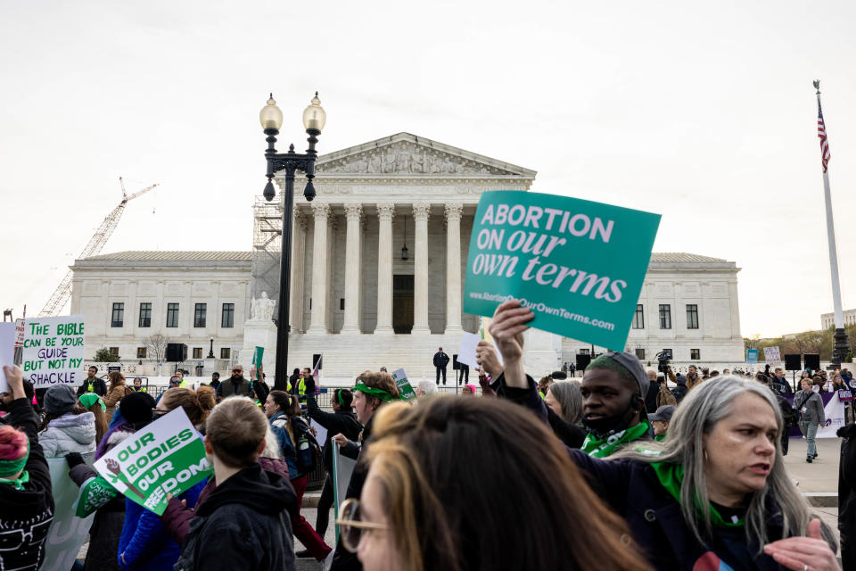 Demonstrators gather in front of the Supreme Court as the court hears oral arguments in the case of the U.S. Food and Drug Administration v. Alliance for Hippocratic Medicine on March 26, 2024 in Washington, DC.