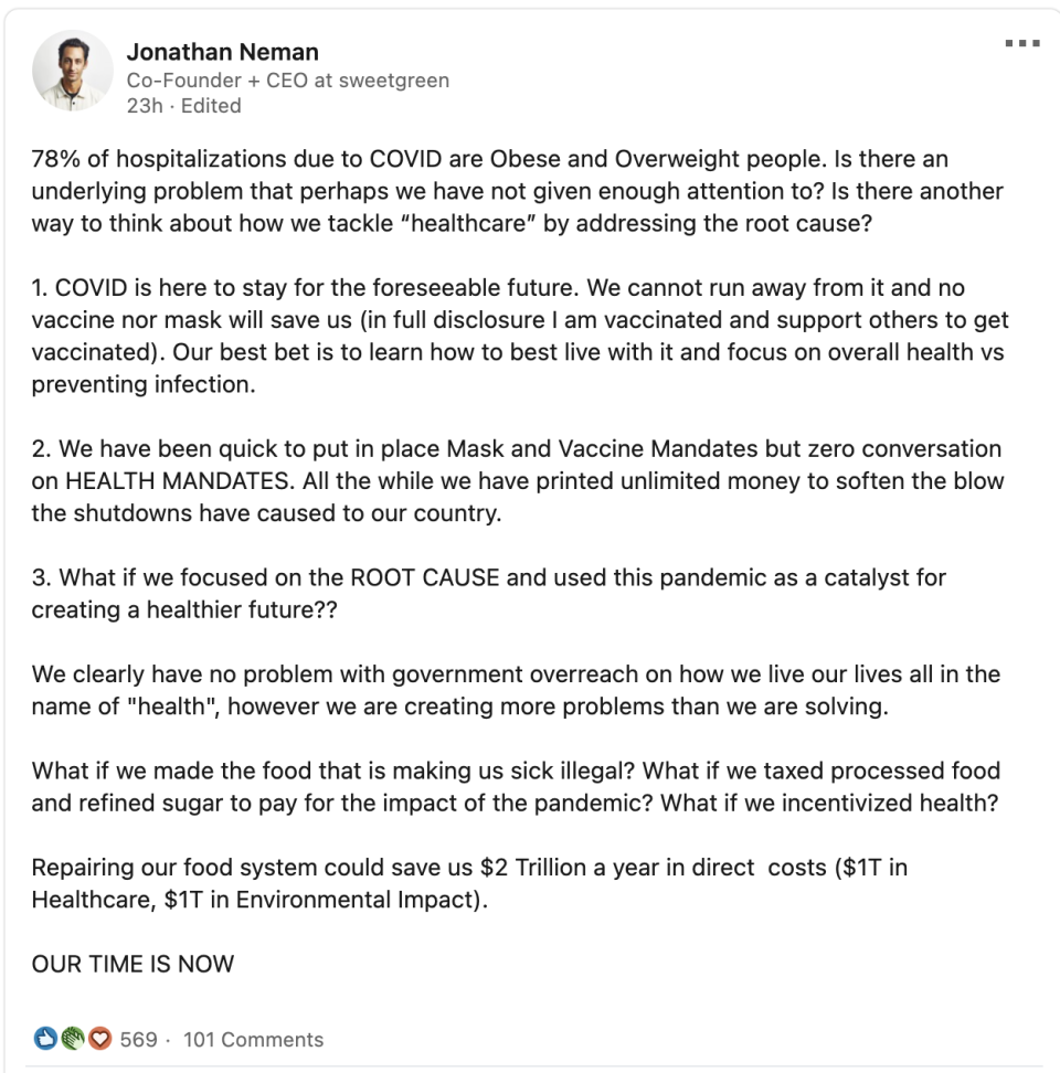 Screencap of Jonathan Neman's LinkedIn post