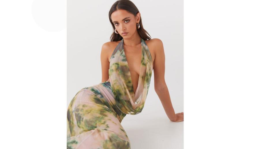 Model in Elysia Mesh Maxi Dress