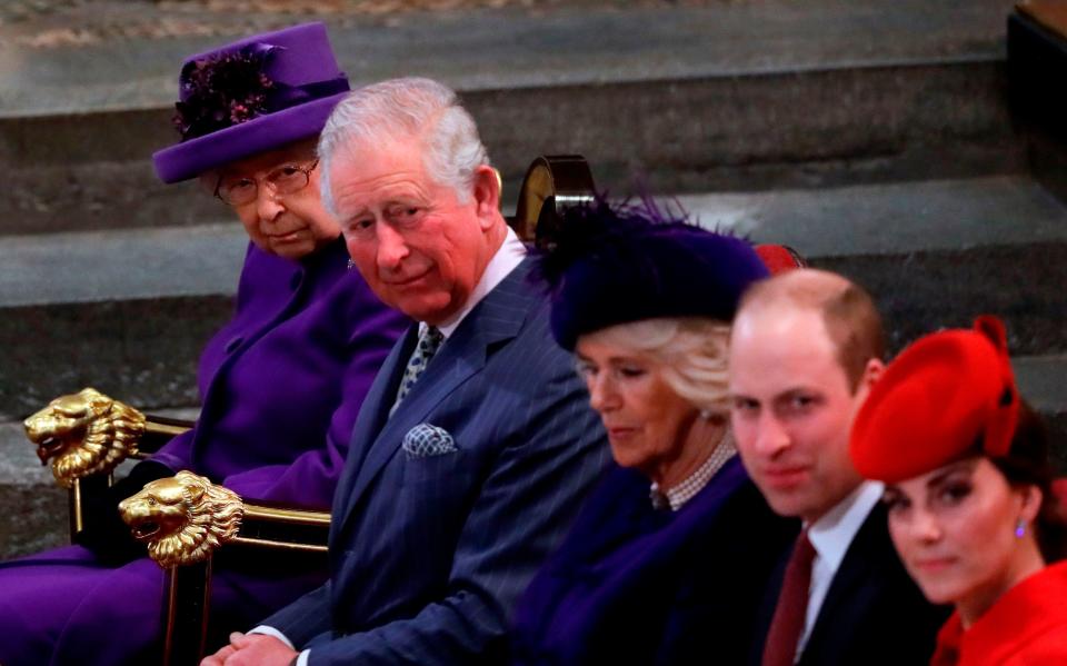 Queen Elizabeth II, Prince Charles, Duchess Camilla of Cornwall, Prince William, and Duchess Kate of Cambridge, at the Commonwealth Day service at Westminster Abbey, March 11, 2019.