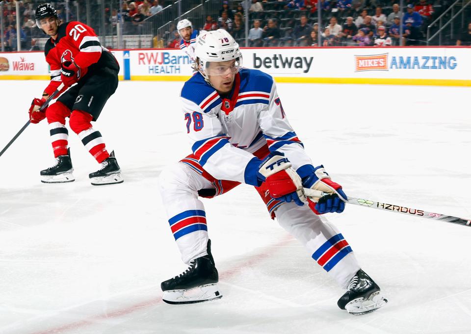 NEWARK, NEW JERSEY - OCTOBER 04: Brennan Othmann #78 of New York Rangers skates against the New Jersey Devils at Prudential Center on October 04, 2023 in Newark, New Jersey.